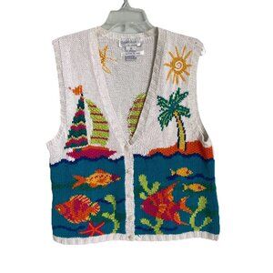 Robert Scott Ltd Vintage Linen Blend Sweater Vest Tropical Fish Sailboats